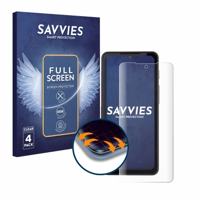 Front side of a product packaging with the brand logo Savvies. Next to it is the device Caterpillar Cat S75 shown with the cor
