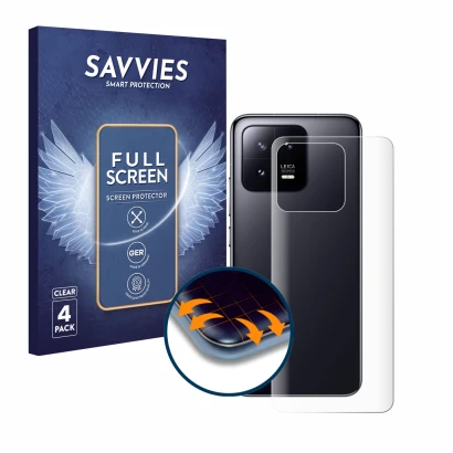 Front side of a product packaging with the brand logo Savvies. Next to it is the device Xiaomi 13 (Back) shown with the corres