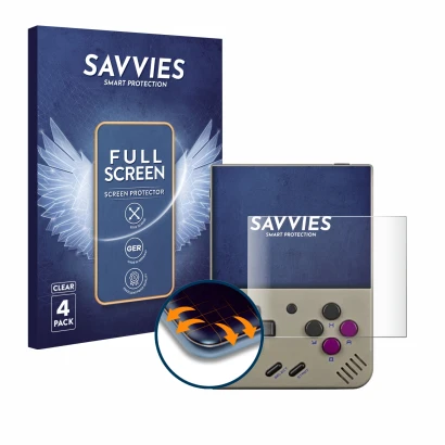 Front side of a product packaging with the brand logo Savvies. Next to it is the device Miyoo Mini Plus shown with the corresp