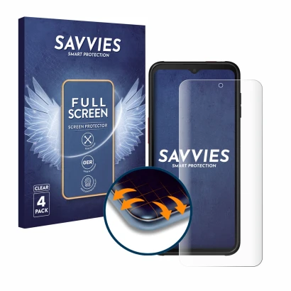 Front side of a product packaging with the brand logo Savvies. Next to it is the device Samsung Galaxy XCover 6 Pro Enterprise