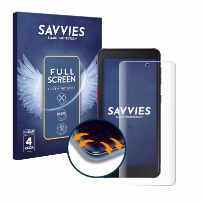 Front side of a product packaging with the brand logo Savvies. Next to it is the device Samsung Galaxy XCover 5 Enterprise Edi