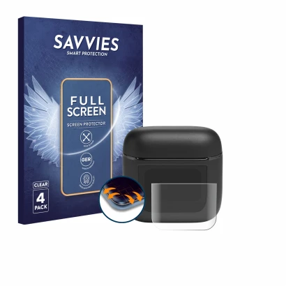Front side of a product packaging with the brand logo Savvies. Next to it is the device JBL Tour Pro 2 shown with the correspo