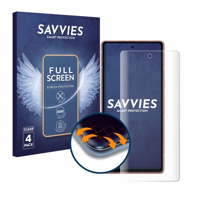 Front side of a product packaging with the brand logo Savvies. Next to it is the device Google Pixel 7a shown with the corresp