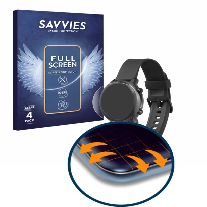 Front side of a product packaging with the brand logo Savvies. Next to it is the device Doro Watch shown with the correspondin