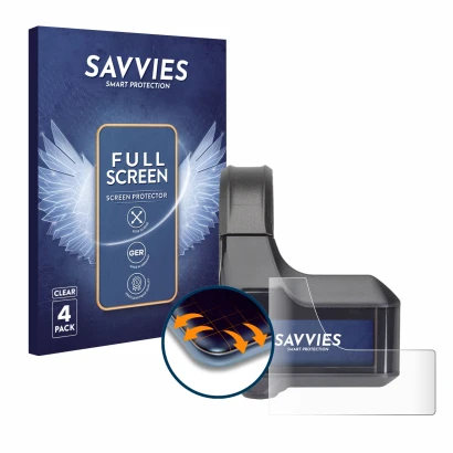 Front side of a product packaging with the brand logo Savvies. Next to it is the device Shimano Steps SC-E7000 shown with the