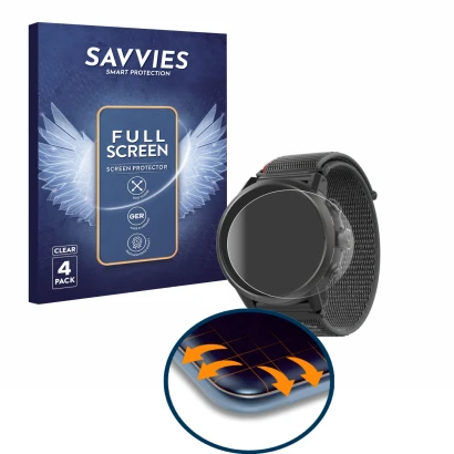 Front side of a product packaging with the brand logo Savvies. Next to it is the device Coros Apex 2 shown with the correspond