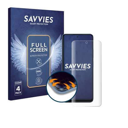 Front side of a product packaging with the brand logo Savvies. Next to it is the device Xiaomi Redmi Note 12 4G shown with the