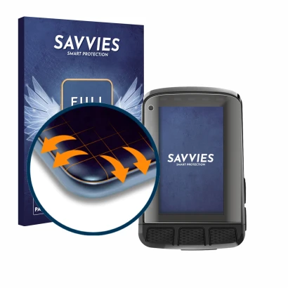 Front side of a product packaging with the brand logo Savvies. Next to it is the device Wahoo Elemnt Roam 2 shown with the cor
