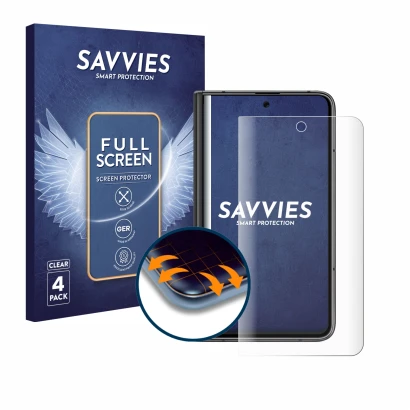 Front side of a product packaging with the brand logo Savvies. Next to it is the device Google Pixel Fold (Outer display) show