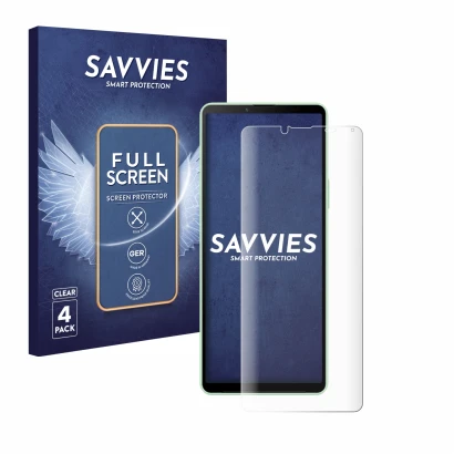 Front side of a product packaging with the brand logo Savvies. Next to it is the device Sony Xperia 10 V shown with the corres