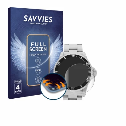 Front side of a product packaging with the brand logo Savvies. Next to it is the device Rolex Submariner (no date) shown with 