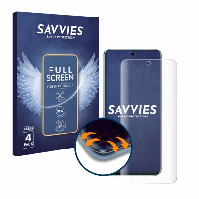Front side of a product packaging with the brand logo Savvies. Next to it is the device Honor 90 shown with the corresponding 