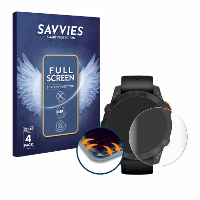 Front side of a product packaging with the brand logo Savvies. Next to it is the device Garmin Fenix 7 Pro Solar (47 mm) shown