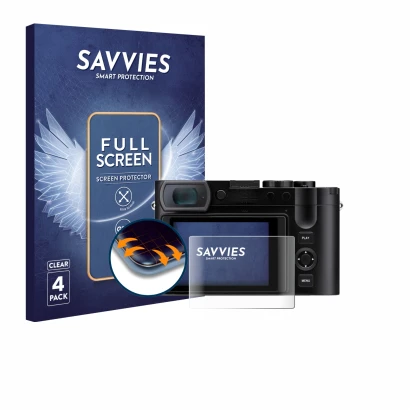 Front side of a product packaging with the brand logo Savvies. Next to it is the device Leica Q3 shown with the corresponding 