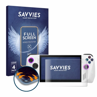 Front side of a product packaging with the brand logo Savvies. Next to it is the device ASUS ROG Ally (2023) RC71L shown with 