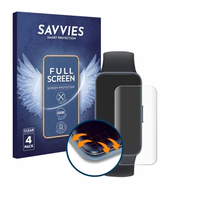 Front side of a product packaging with the brand logo Savvies. Next to it is the device Huawei Band 8 shown with the correspon