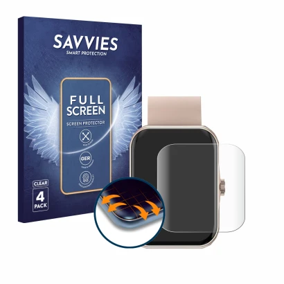 Front side of a product packaging with the brand logo Savvies. Next to it is the device Mutoy Smartwatch 1.83" shown with the