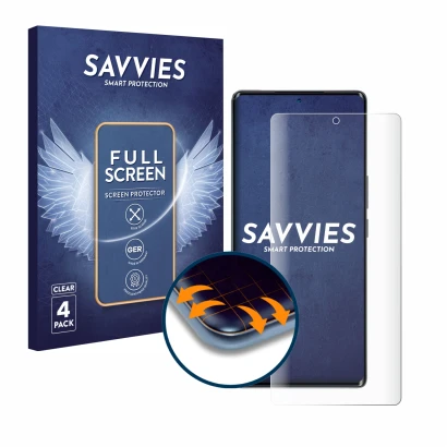 Front side of a product packaging with the brand logo Savvies. Next to it is the device Blackview A200 Pro shown with the corr