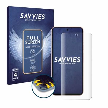Front side of a product packaging with the brand logo Savvies. Next to it is the device Google Pixel 8 shown with the correspo
