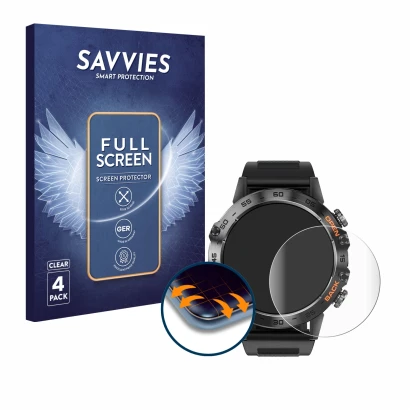 Front side of a product packaging with the brand logo Savvies. Next to it is the device LIGE BW1846A 1.39" shown with the corr