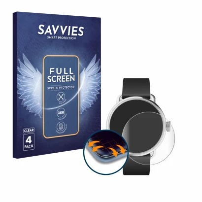 Front side of a product packaging with the brand logo Savvies. Next to it is the device Withings ScanWatch 2 (38 mm) shown wit