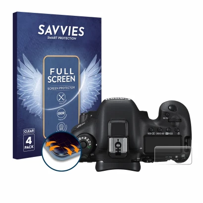 Front side of a product packaging with the brand logo Savvies. Next to it is the device Canon EOS 7D Mark II (top plate displa