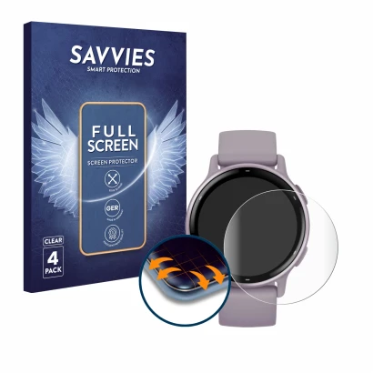 Front side of a product packaging with the brand logo Savvies. Next to it is the device Garmin vivoactive 5 shown with the cor