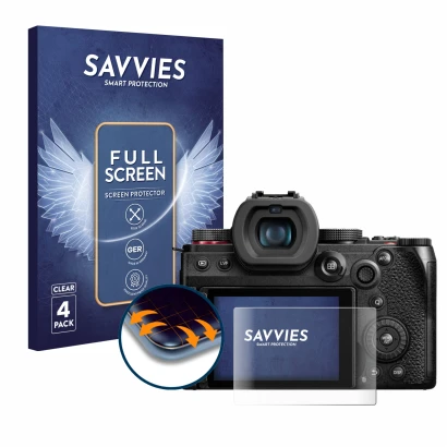 Front side of a product packaging with the brand logo Savvies. Next to it is the device Panasonic Lumix DC-G9 II shown with th