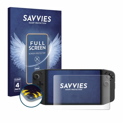 Front side of a product packaging with the brand logo Savvies. Next to it is the device Lenovo Legion Go shown with the corres