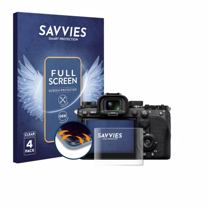 Front side of a product packaging with the brand logo Savvies. Next to it is the device Sony Alpha 9 III shown with the corres