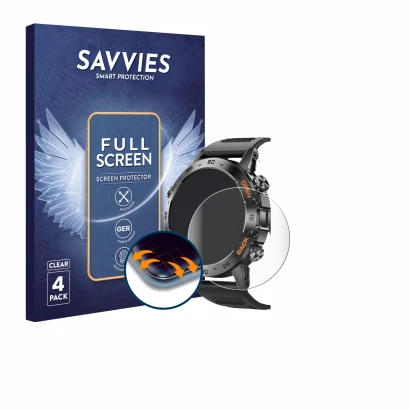 Front side of a product packaging with the brand logo Savvies. Next to it is the device Lemfo Smartwatch 1.39" shown with the 