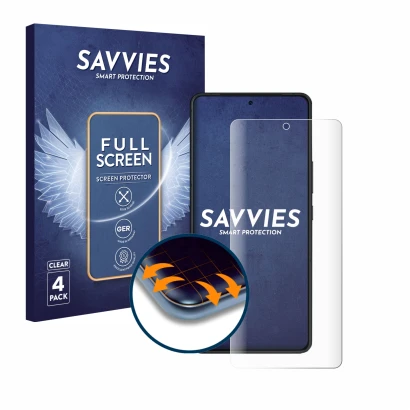 Front side of a product packaging with the brand logo Savvies. Next to it is the device ASUS ROG Phone 8 Pro shown with the co