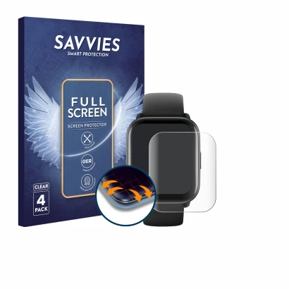 Front side of a product packaging with the brand logo Savvies. Next to it is the device Amazfit Active shown with the correspo