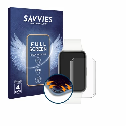 Front side of a product packaging with the brand logo Savvies. Next to it is the device Samsung Galaxy Fit3 shown with the cor