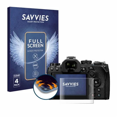 Front side of a product packaging with the brand logo Savvies. Next to it is the device Olympus OM System OM-1 Mark II shown w