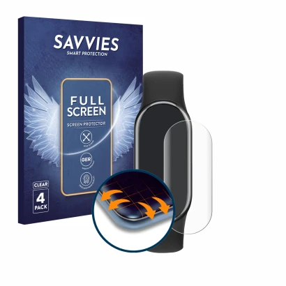 Front side of a product packaging with the brand logo Savvies. Next to it is the device Xiaomi Smart Band 8 shown with the cor