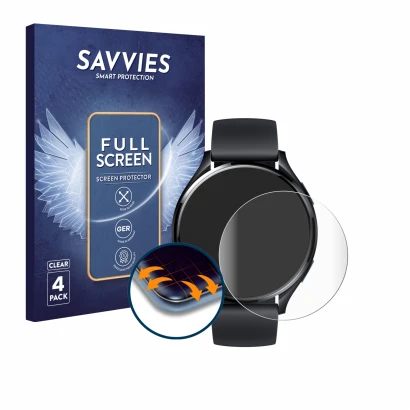 Front side of a product packaging with the brand logo Savvies. Next to it is the device Xiaomi Watch 2 shown with the correspo