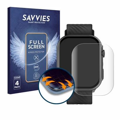 Front side of a product packaging with the brand logo Savvies. Next to it is the device Yuede Smartwatch 2" shown with the cor
