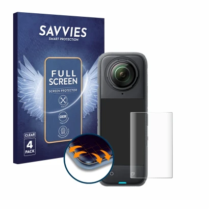 Front side of a product packaging with the brand logo Savvies. Next to it is the device Insta360 X4 shown with the correspondi