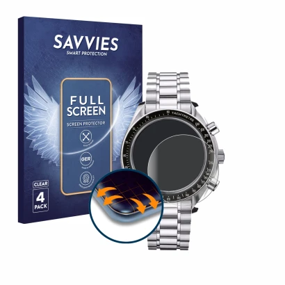 Front side of a product packaging with the brand logo Savvies. Next to it is the device Omega Speedmaster Reduced (39 mm) show