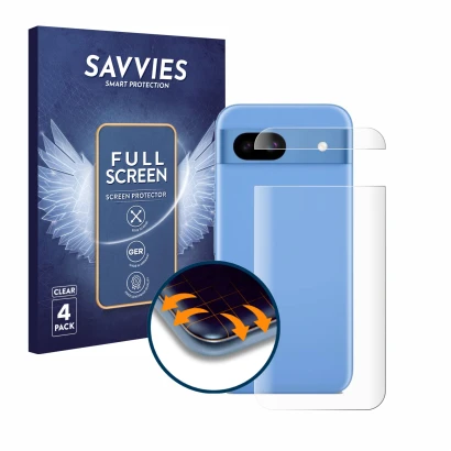 Front side of a product packaging with the brand logo Savvies. Next to it is the device Google Pixel 8a (Back) shown with the
