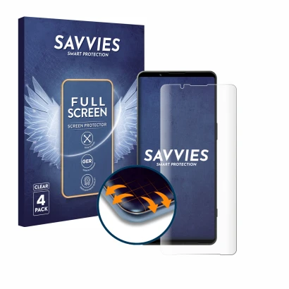 Front side of a product packaging with the brand logo Savvies. Next to it is the device Sony Xperia 1 VI shown with the corres