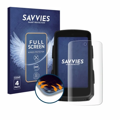 Front side of a product packaging with the brand logo Savvies. Next to it is the device Hammerhead Karoo 3 shown with the corr
