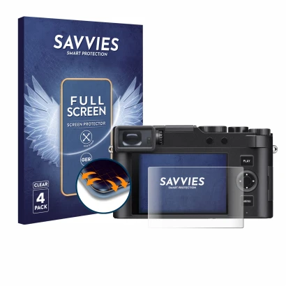 Front side of a product packaging with the brand logo Savvies. Next to it is the device Leica D-Lux 8 shown with the correspon