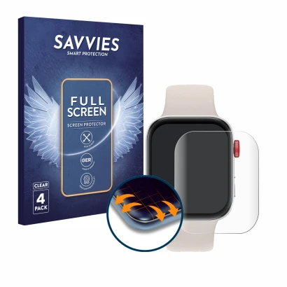 Front side of a product packaging with the brand logo Savvies. Next to it is the device Huawei Watch Fit 3 shown with the corr