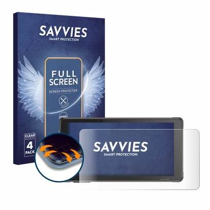 Front side of a product packaging with the brand logo Savvies. Next to it is the device Interphone RideSync Sync55 shown with 