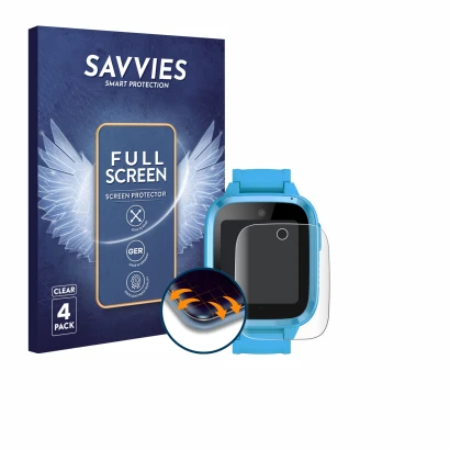 Front side of a product packaging with the brand logo Savvies. Next to it is the device Xplora Kidzi Watch shown with the corr