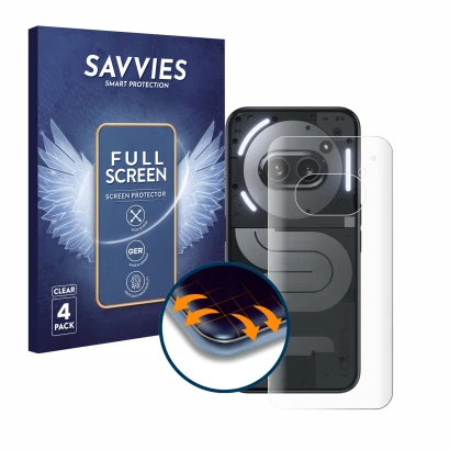Front side of a product packaging with the brand logo Savvies. Next to it is the device Nothing Phone (2a) Plus (Back) shown w