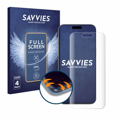 Front side of a product packaging with the brand logo Savvies. Next to it is the device Apple iPhone 16 shown with the corresp