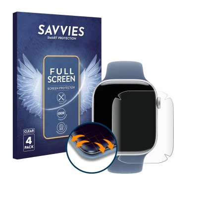 Front side of a product packaging with the brand logo Savvies. Next to it is the device Apple Watch Series 10 (46 mm) shown wi